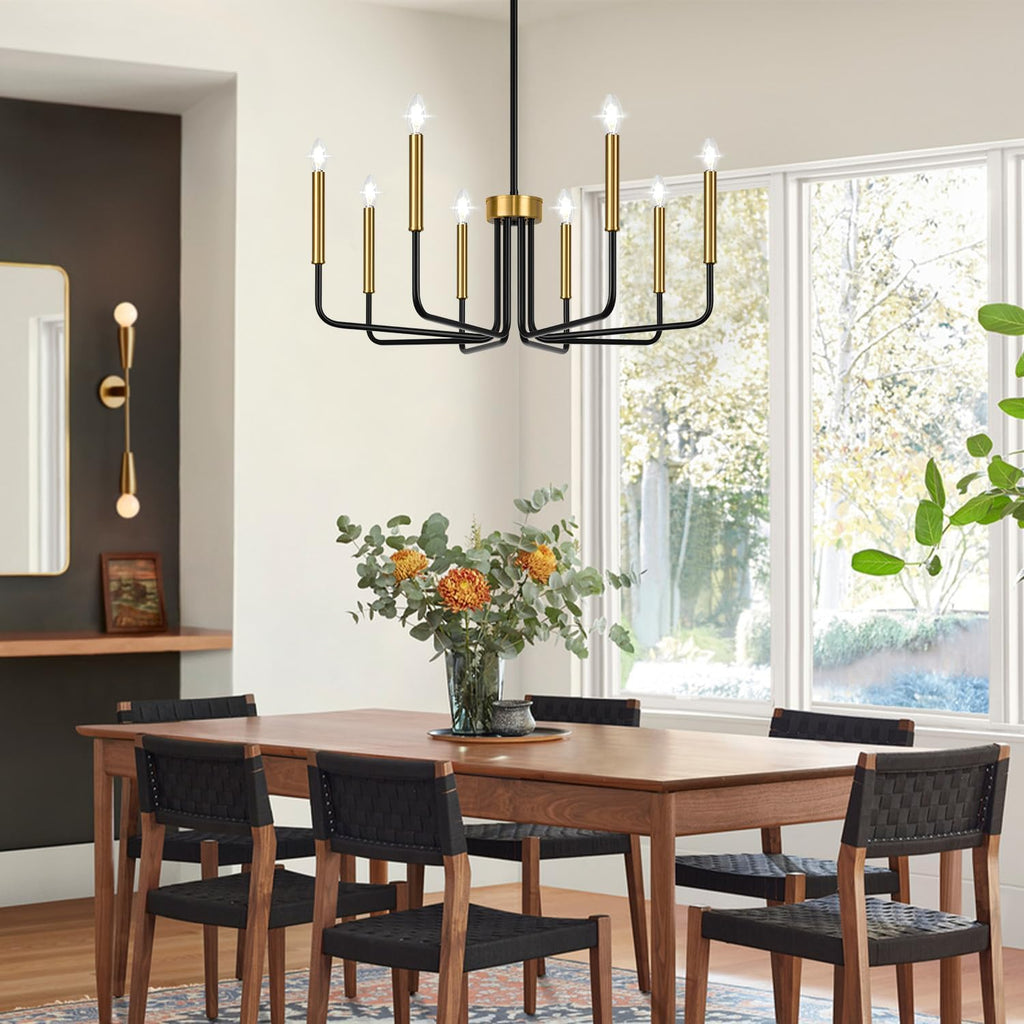 Lynnoland Black and Gold 8-Light Farmhouse Chandelier for Dining Room Lighting Fixtures Hanging, Vintage Candle Pendant Light Fixtures Chandelier for Bedroom, Foyer and Living Room