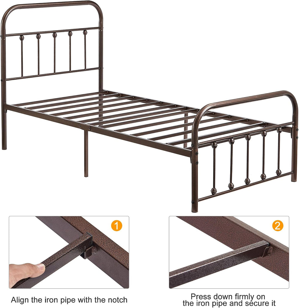 VECELO Twin Size Victorian Style Metal Bed Frame with Headboard Classic Metal Platform Bed Frame Mattress Foundation with Footboard/Under Bed Storage/No Box Spring Aple 2 Set