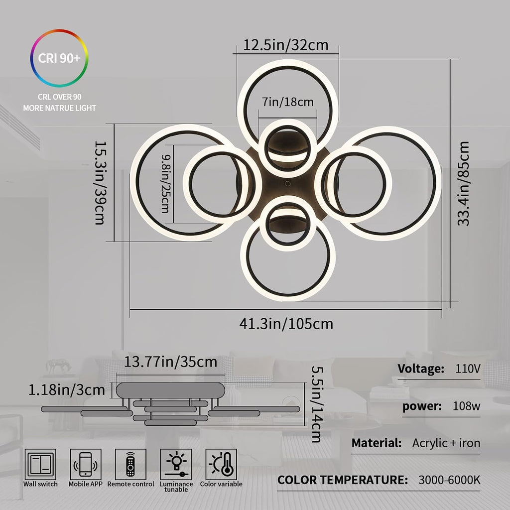 Shine LUEST Modern Ceiling Light, 41.3'' Dimmable LED Black Flush Mount Ceiling Lights with Remote Acrylic Round Ceiling Lamp Fixture for Low Ceiling Bedroom Living Room Dining Room, 108W