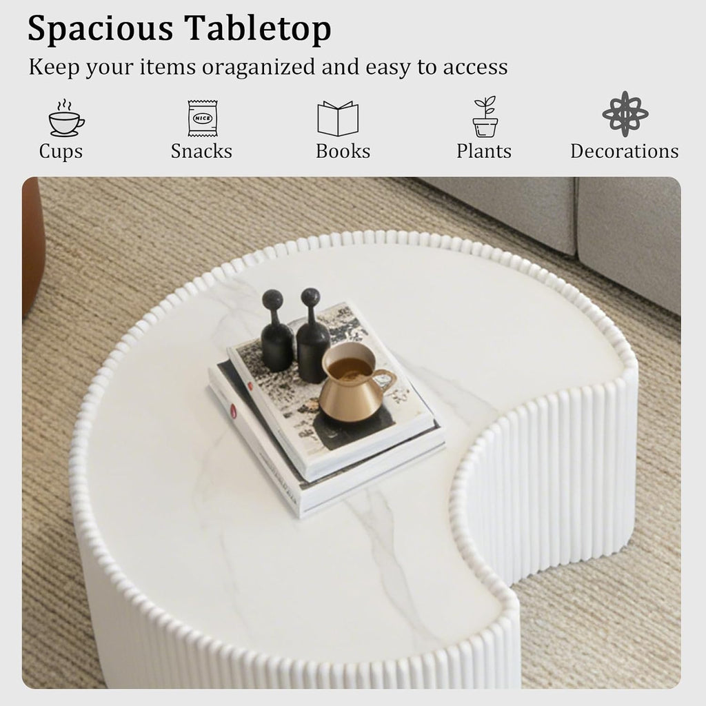 29.53' White Round Coffee Table, Drum Coffee Table with Sintered Stone Tabletop and Fluted PU Leather Covered and Stable Base, Circle Cocktail Tea Table for Living Room