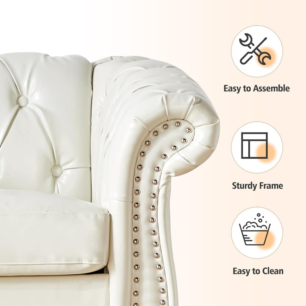 QHITTY 2 Piece Living Room Set, Sectional Chesterfield Sofa Chair Contemporary Upholstered Artificial Leather Loveseat Couch Sets for Living Room, Bedroom, Office (White)