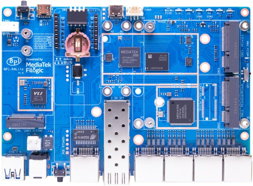 Banana Pi BPI-R4 Lite Wi-Fi 7 Development/Router Board, Quad-Core MT7987A SOC, 2.5G SFP&RJ45 WAN, OpenWrt,8GB eMMC,4xGbE Ports, Support 4G/5G, NAS Smart Home Gateway (with Case, 2GB RAM)
