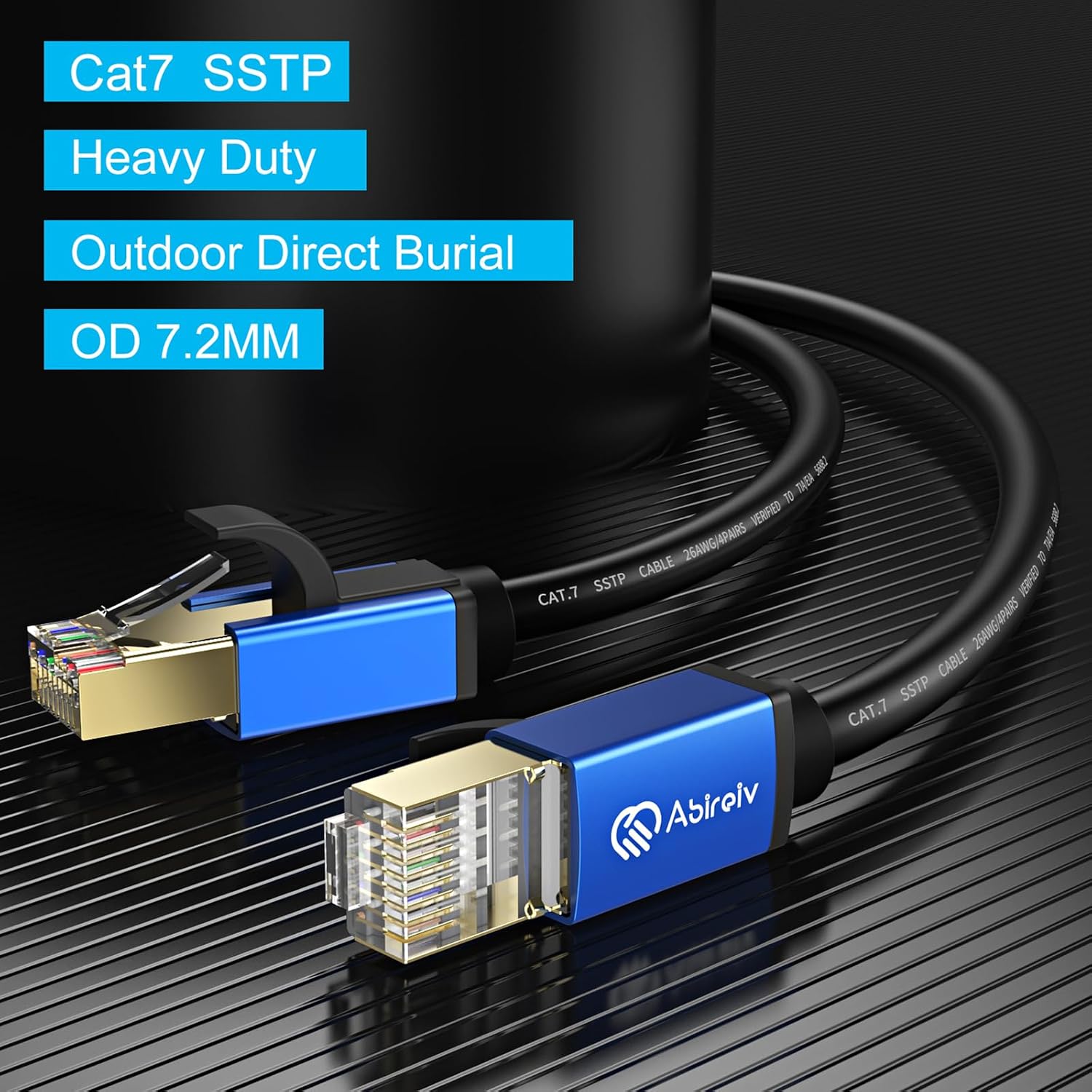 Cat7 Ethernet Cable Cat7 Outdoor Cable Triple Shielding SSTP 10Gbps 600MHz Ethernet Patch Cable for Modem Router LAN RJ45, UV/Water Proof, Direct Burial, PE Jacket (400FT)