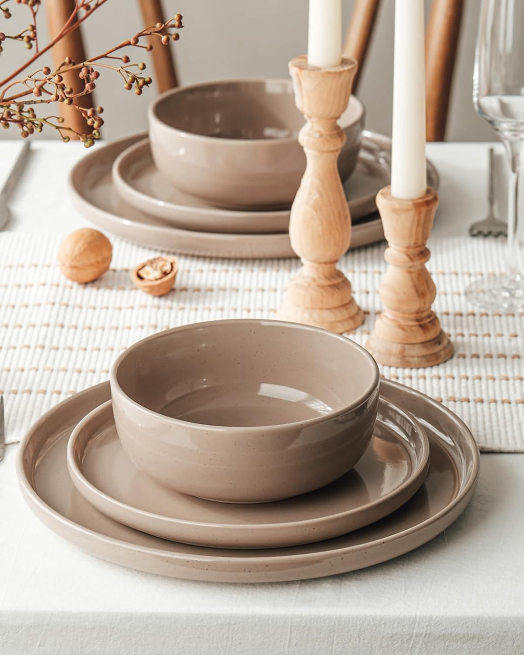 Famiware Milkyway Stoneware Dinnerware Sets with Pasta Bowls, Service for 6 (24 Pieces), Plates and Bowls Sets -Scratch Resistant, Microwave and Dishwasher Safe Dishes Set, Cinnamon Brown