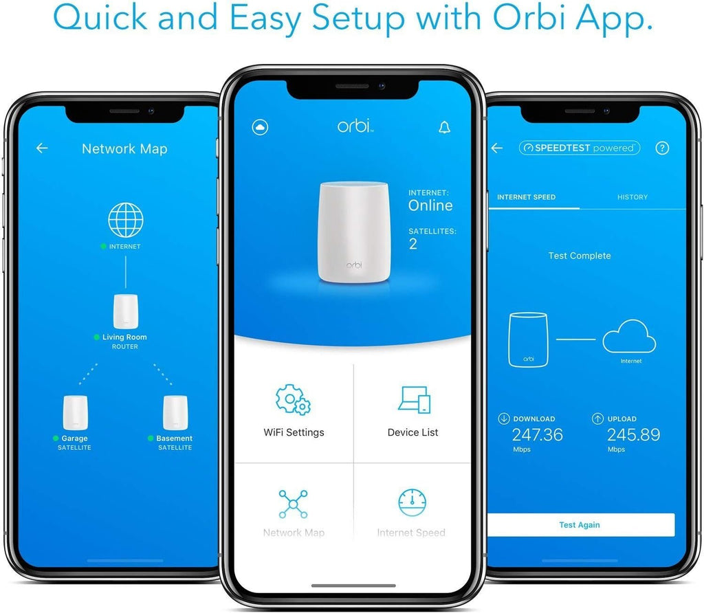 ---NETGEAR Orbi Ultra-Performance Whole Home Mesh WiFi System - WiFi router and two satellite extender with speeds up to 3Gbps over 6,000 sq. feet, AC3000 (RBK53)