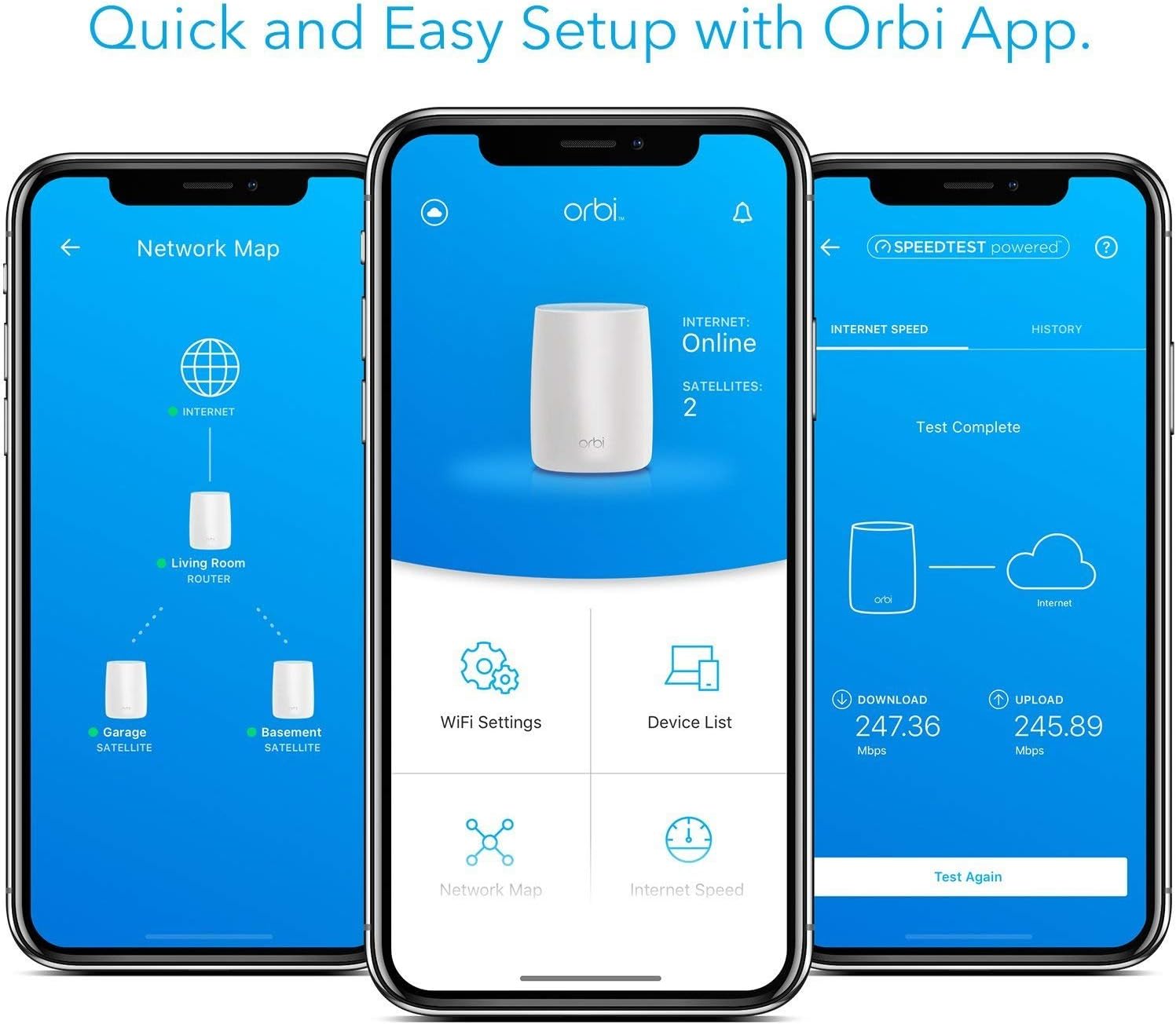 ---NETGEAR Orbi Ultra-Performance Whole Home Mesh WiFi System - WiFi router and two satellite extender with speeds up to 3Gbps over 6,000 sq. feet, AC3000 (RBK53)