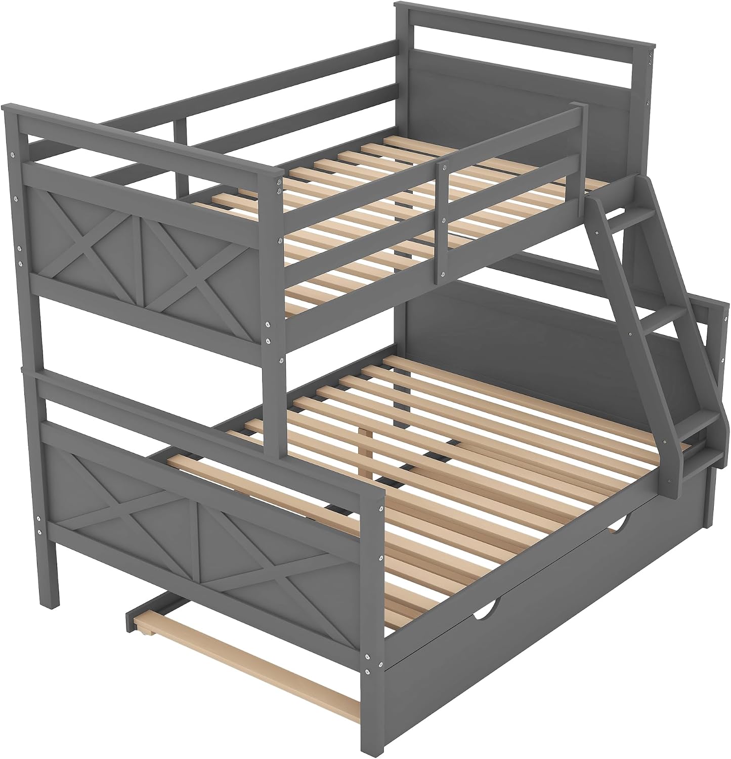 Twin Over Full Bunk Bed with Inclined Ladder and Twin Size Trundle,Bedroom Wood Bed Frame W/Safety Full-Length Guardrail & No Box Spring Required,for Girl Boy Kid,Gray