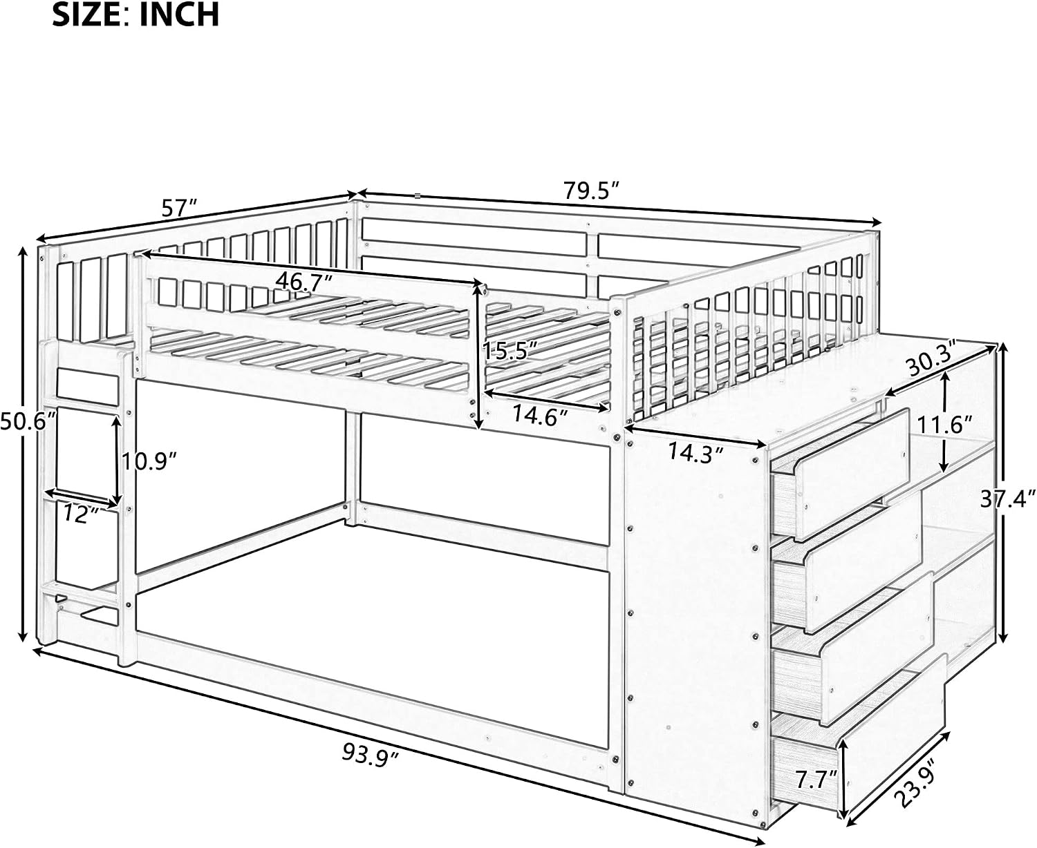 Full-Over-Full Size Bunk Bed, Bedroom Furniture Pine Wood Bed Frame with Storage Drawers and Open Shelves, Drawers and Shelves Set Can Be Moved, for Kids & Teens (Gray)