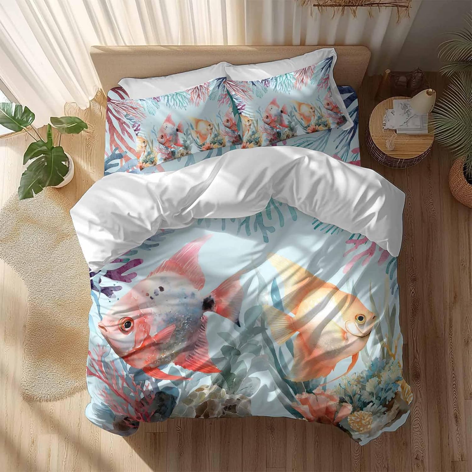 Summer Fish Duvet Cover Set Queen Size 4 Pieces Nautical Watercolor Orange Red Marine Life Coral Seaweed Bedding Set with Zipper Closure, 1 Comforter Cover 92x106 Inches 1 Flat Sheet & 2 Pillow Cases