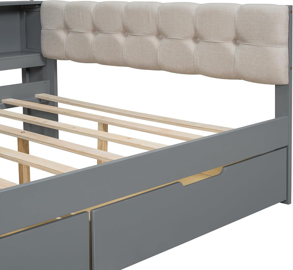 Ball & Cast Wood Full Size Platform Bed with Storage Shelves and Drawers,Multiple Bed Frame w/Charging Station & Upholstered Headboard,Bedroom Furniture Bedframe for Apartment,Gray