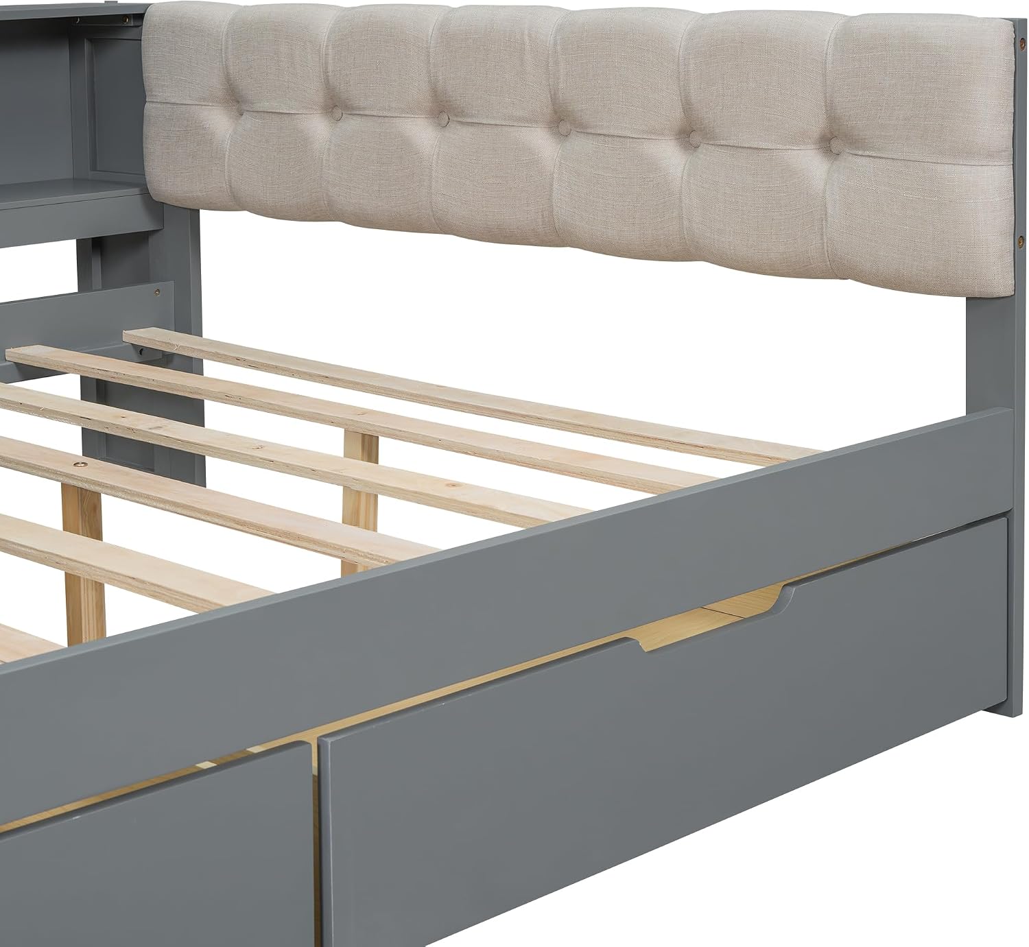 Ball & Cast Wood Full Size Platform Bed with Storage Shelves and Drawers,Multiple Bed Frame w/Charging Station & Upholstered Headboard,Bedroom Furniture Bedframe for Apartment,Gray