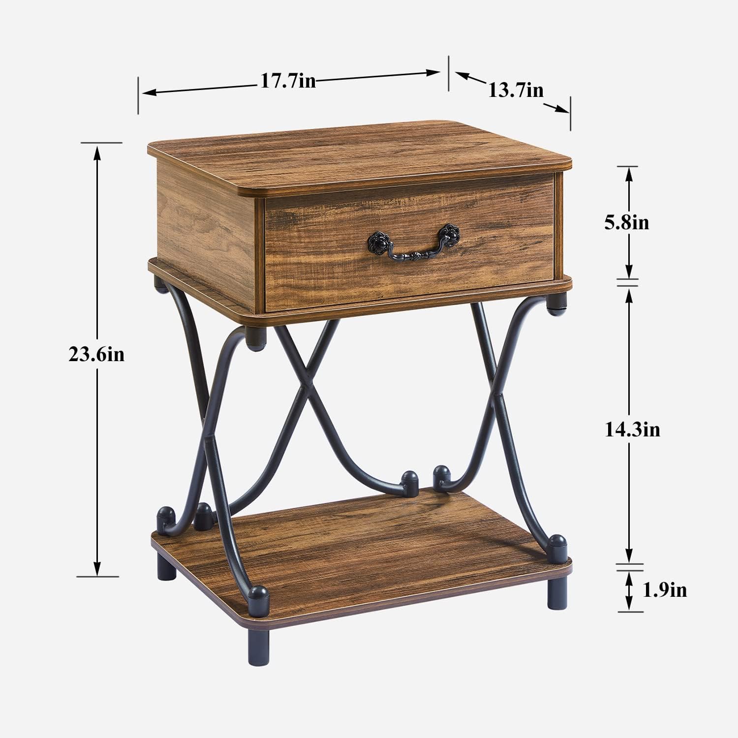 VECELO Nightstands Set of 2 with Drawer for Bedroom, Endtable Bedside Table with Storage & Open Shelf for Living Room, Brown