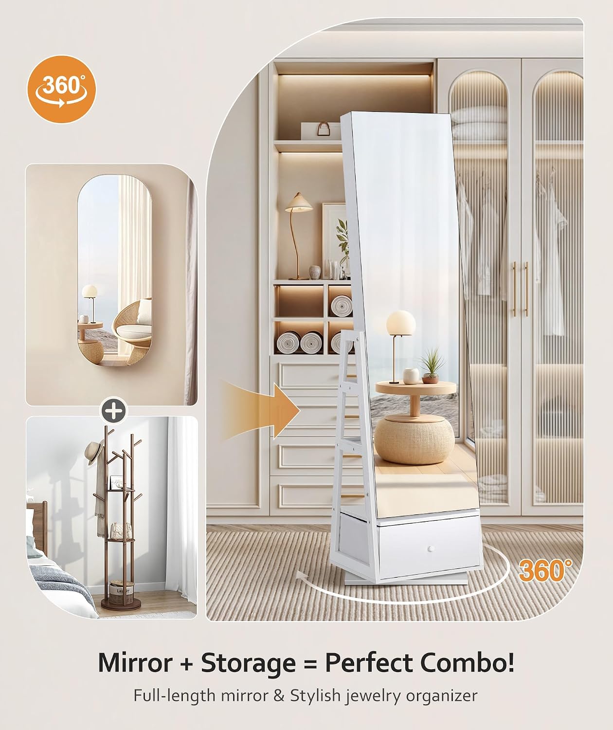 Nicetree 360°Swivel Jewelry Cabinet,Rotatable Full Length Mirror with Jewelry Storage,Standing Jewelry Armoire Organizer, Lockable Jewelry Organizer with 3 Rear Shelves,Bottom Drawer,Pure White