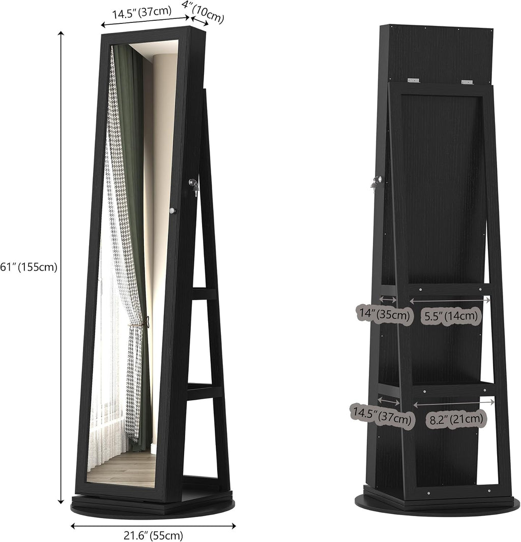 LVSOMT LED Mirror Jewelry Cabinet Standing, 360° Swivel Jewelry Organizers and Storage, Farmhouse Mirror with Jewelry Storage, Lighted Jewelry Armoire with Full Length Mirror (Coal Black)