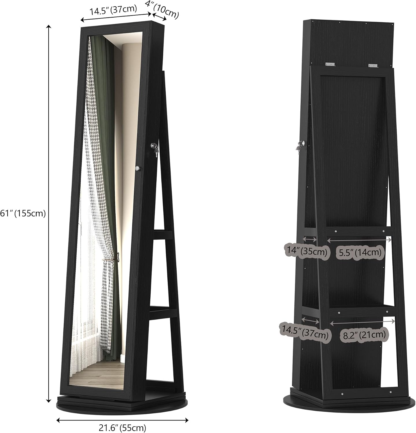 LVSOMT LED Mirror Jewelry Cabinet Standing, 360° Swivel Jewelry Organizers and Storage, Farmhouse Mirror with Jewelry Storage, Lighted Jewelry Armoire with Full Length Mirror (Coal Black)