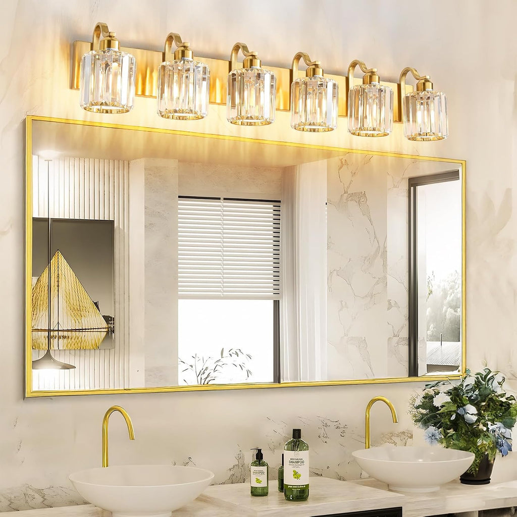 Modern Bathroom Vanity Light 6-Lights Brass Gold Vanity Light Crystal Wall Light Bathroom Light Fixtures with Round Shade (Exclude Bulb)