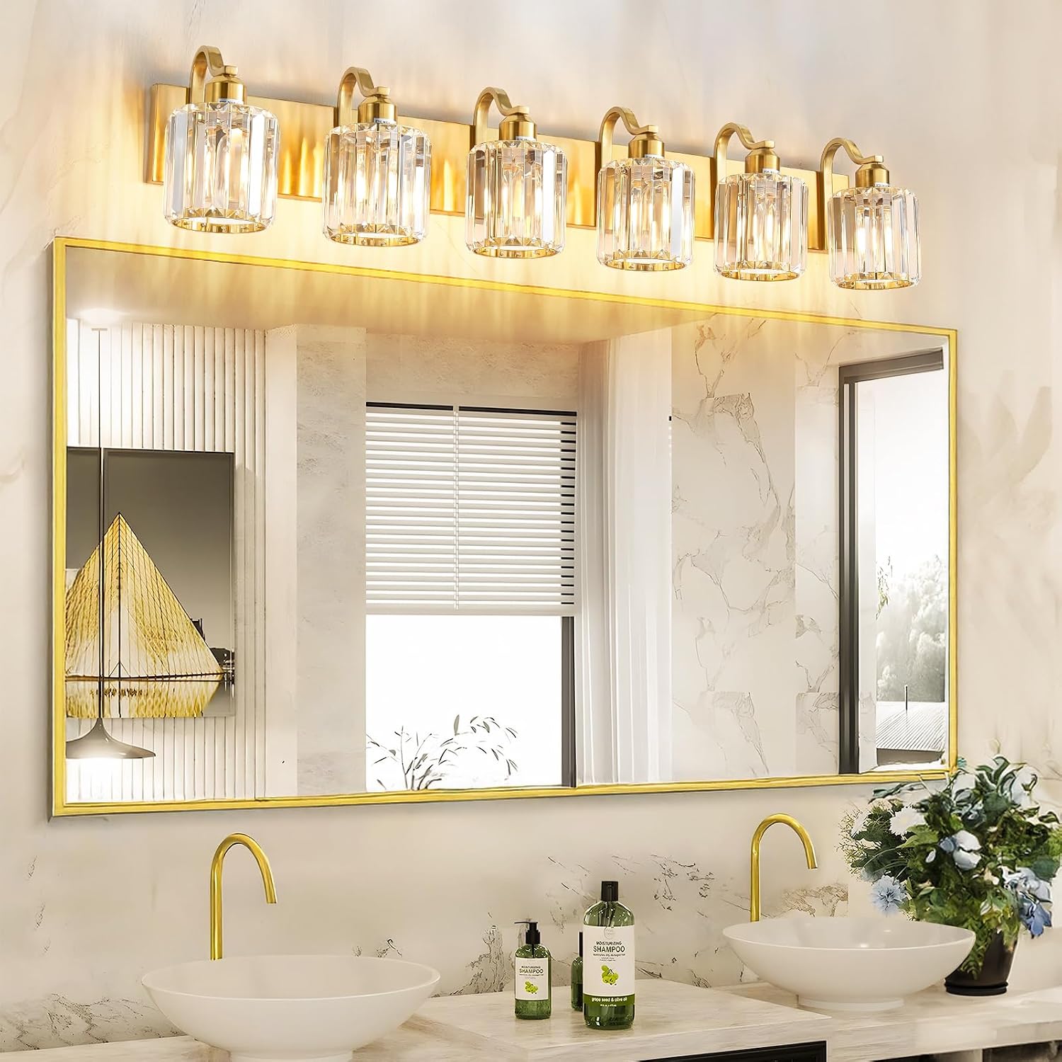 Modern Bathroom Vanity Light 6-Lights Brass Gold Vanity Light Crystal Wall Light Bathroom Light Fixtures with Round Shade (Exclude Bulb)