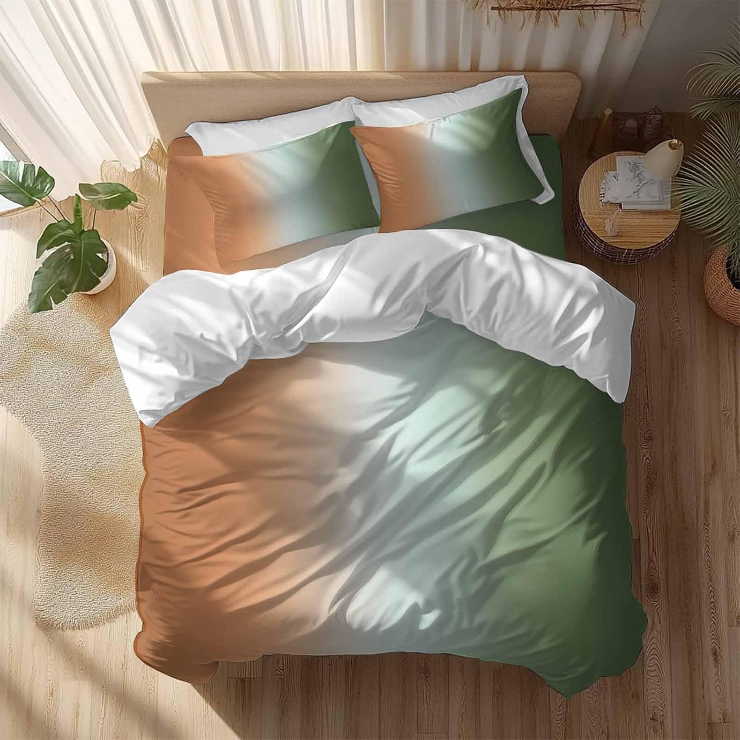 Gradient Sage Green Duvet Cover Set Queen Size 4 Pieces Modern Minimalist Orange Green Ocean Beach Bedding Set with Zipper Closure, 1 Comforter Cover 86x86 Inches 1 Flat Sheet & 2 Pillow Cases