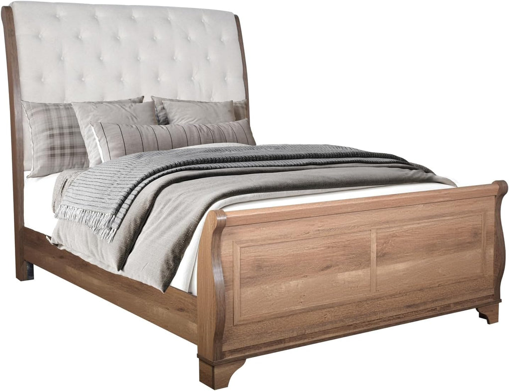 HomeStock Wood Bed Frame with Upholstered Headboard - Pecan Finish - Modern Rustic Bedroom Furniture Queen