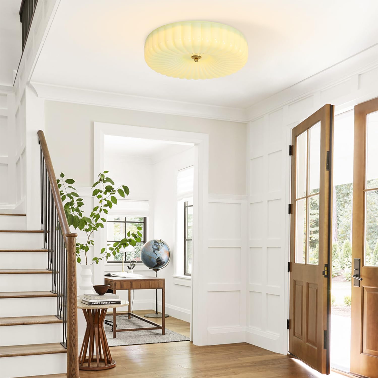 KCO Lighting Nordic Green Glass Flush Mount Ceiling Light Vintage Round Semi Flush Mount Ceiling Light Fixture Mid Century Modern Bathroom Overhead Light LED Ceiling Lights