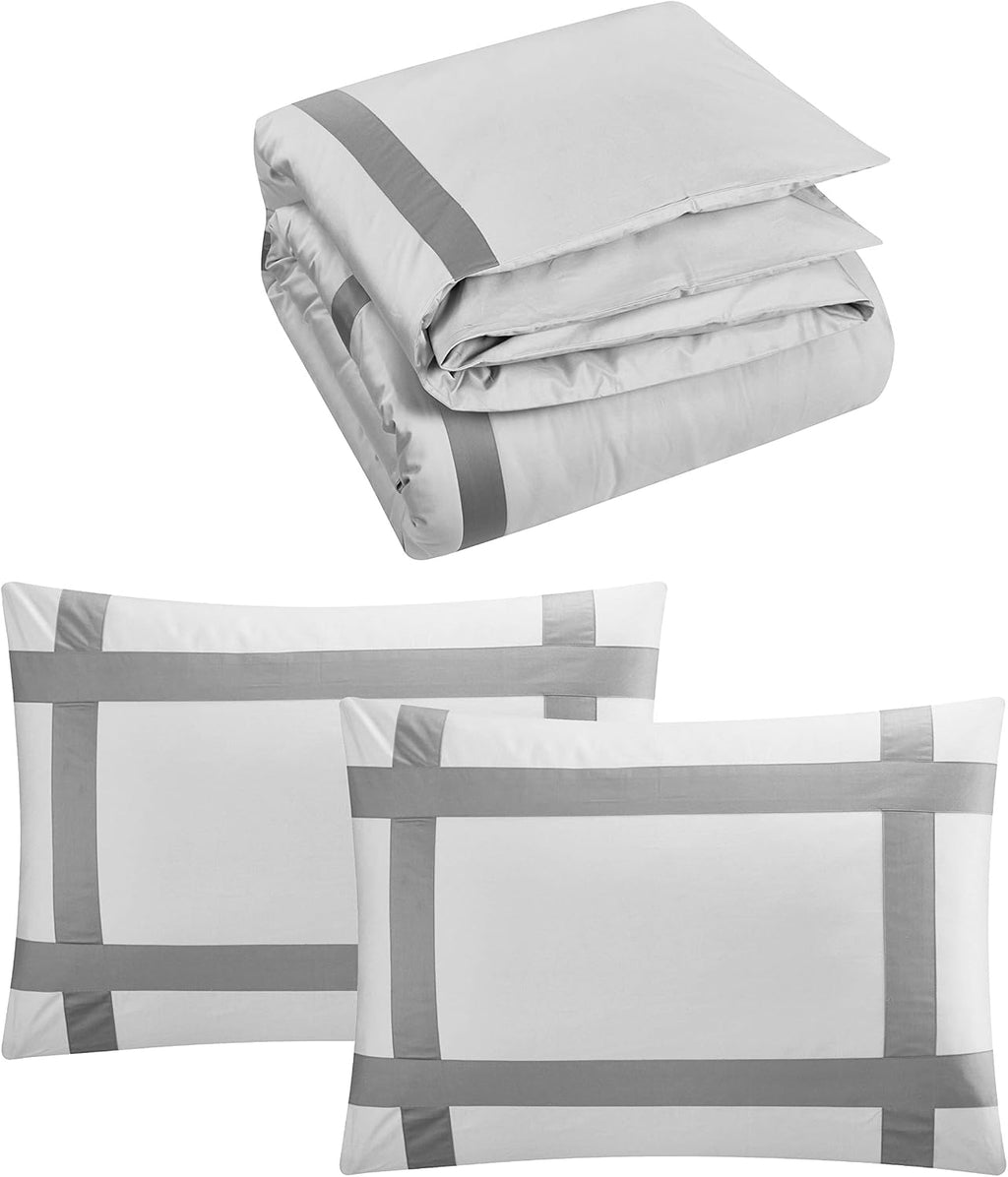 Casabolaj Equilibrio Duvet Covers Set King Size 3 Pieces Do Not Include Filling Casual Modern Minimalist Siver and Grey Color 100% Egyptian Cotton Sateen Luxury 400 TC Cross Patchwork Manufacturing