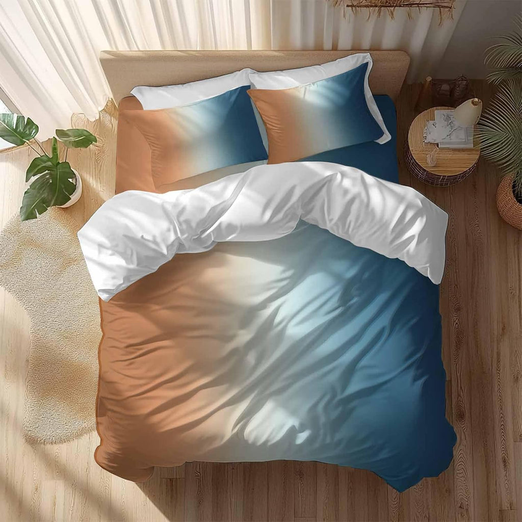 Gradient Orange Blue Duvet Cover Set Queen Size 4 Pieces Modern Abstract Minimalist Blue Ocean Beach Bedding Set with Zipper Closure, 1 Comforter Cover 86x86 Inches 1 Flat Sheet & 2 Pillow Cases