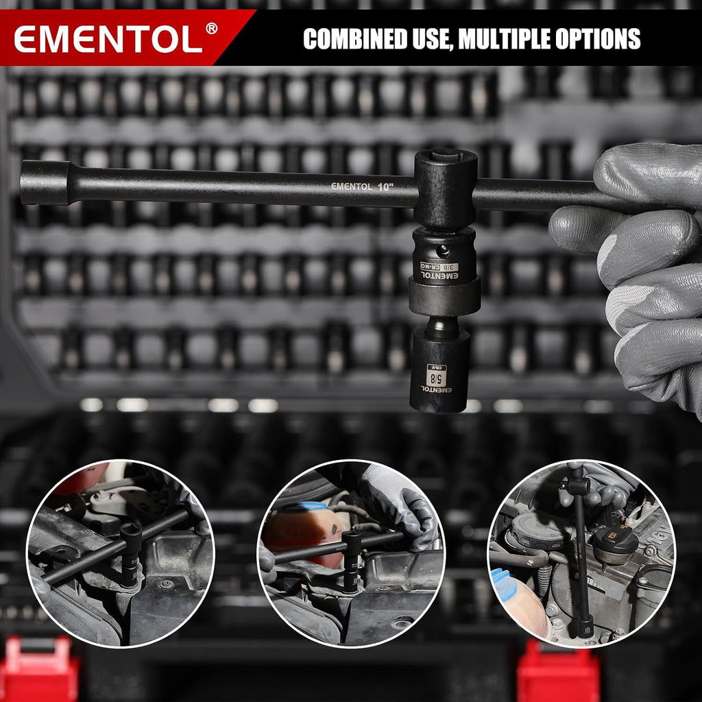 EMENTOL 189-Piece Impact Socket Set, 1/4' & 3/8' Drive Metric and SAE Sizes, CR-V Steel, Includes Deep & Shallow Sockets, Ratchets, Bits, Extensions, Spark Plug Socket & More, with Plastic Tool Case