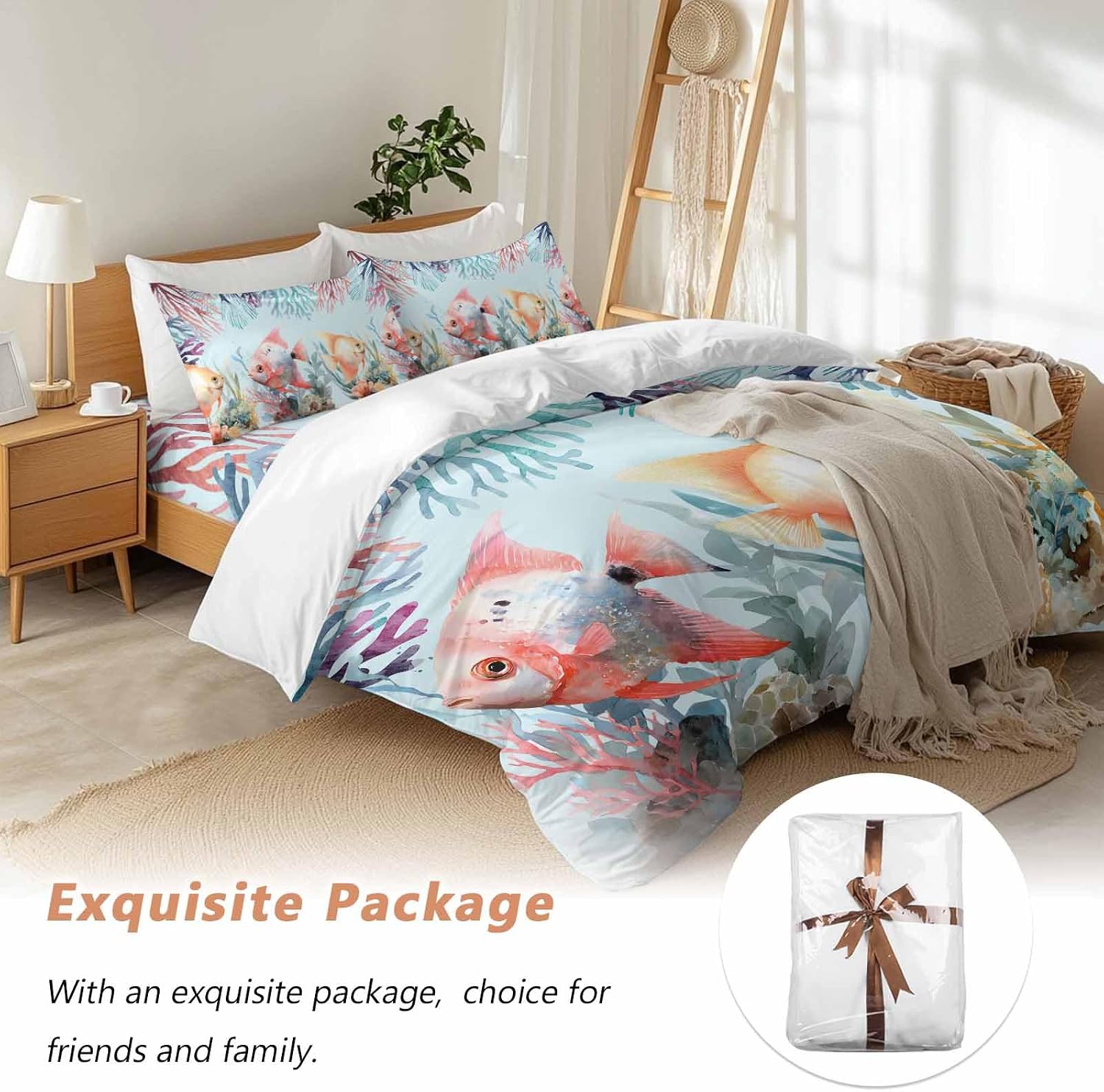 Summer Fish Duvet Cover Set Queen Size 4 Pieces Nautical Watercolor Orange Red Marine Life Coral Seaweed Bedding Set with Zipper Closure, 1 Comforter Cover 92x106 Inches 1 Flat Sheet & 2 Pillow Cases