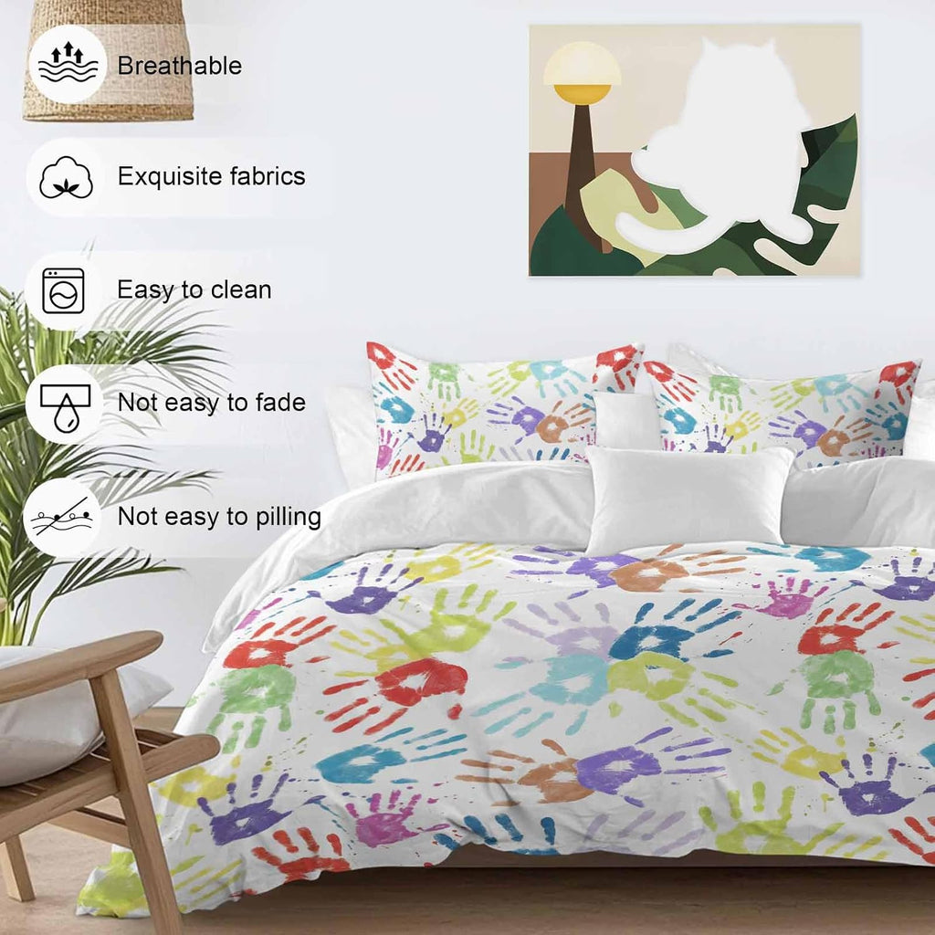 Colorful Cartoon Handprint Duvet Cover Set Queen Size 4 Pieces Cute Watercolor Red Green Blue Graffiti Bedding Set with Zipper Closure, 1 Comforter Cover 90x92 Inches 1 Flat Sheet & 2 Pillow Cases