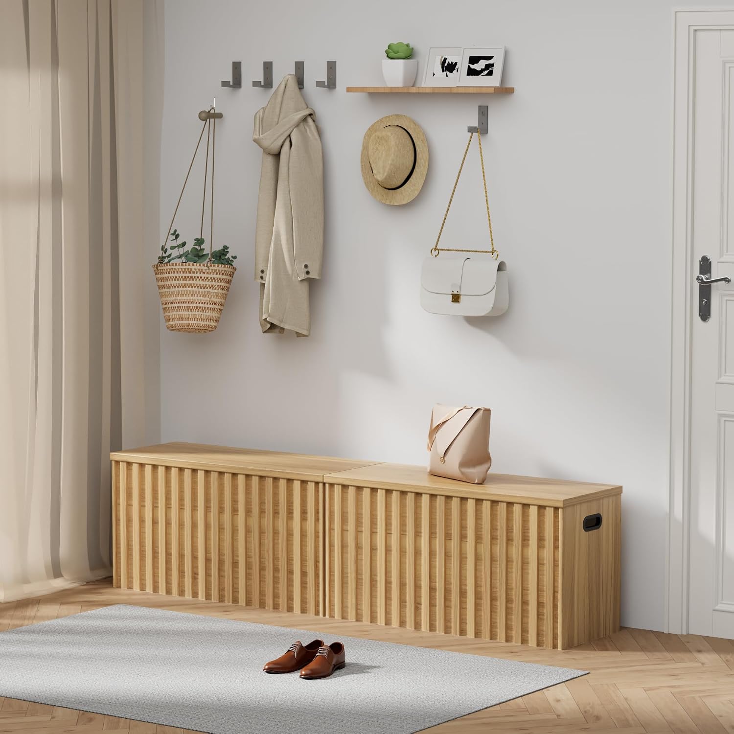 UEV Storage Bench Set of 2, 39.4' Wood Box, Storage Trunk with 2 Safety Hinges, Ottoman Storage Chest Set of 2, Fluted Storage Bench for Bedroom, Shoe Bench for Bedroom, Living Room (Natural Wood)
