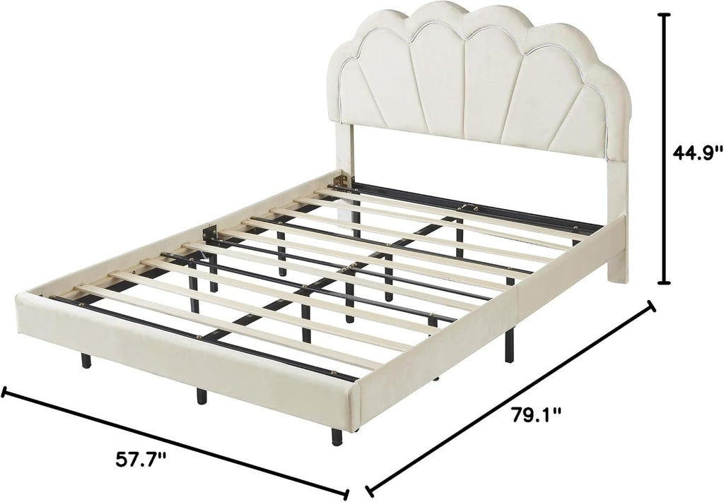 Velvet Full Size Upholstered LED Platform Bed with Storage Ottoman, 2-Pieces Bedroom Sets, Elegant Floating Platform Bed with LED Flowers-Shaped Headboard (Beige-2PF)
