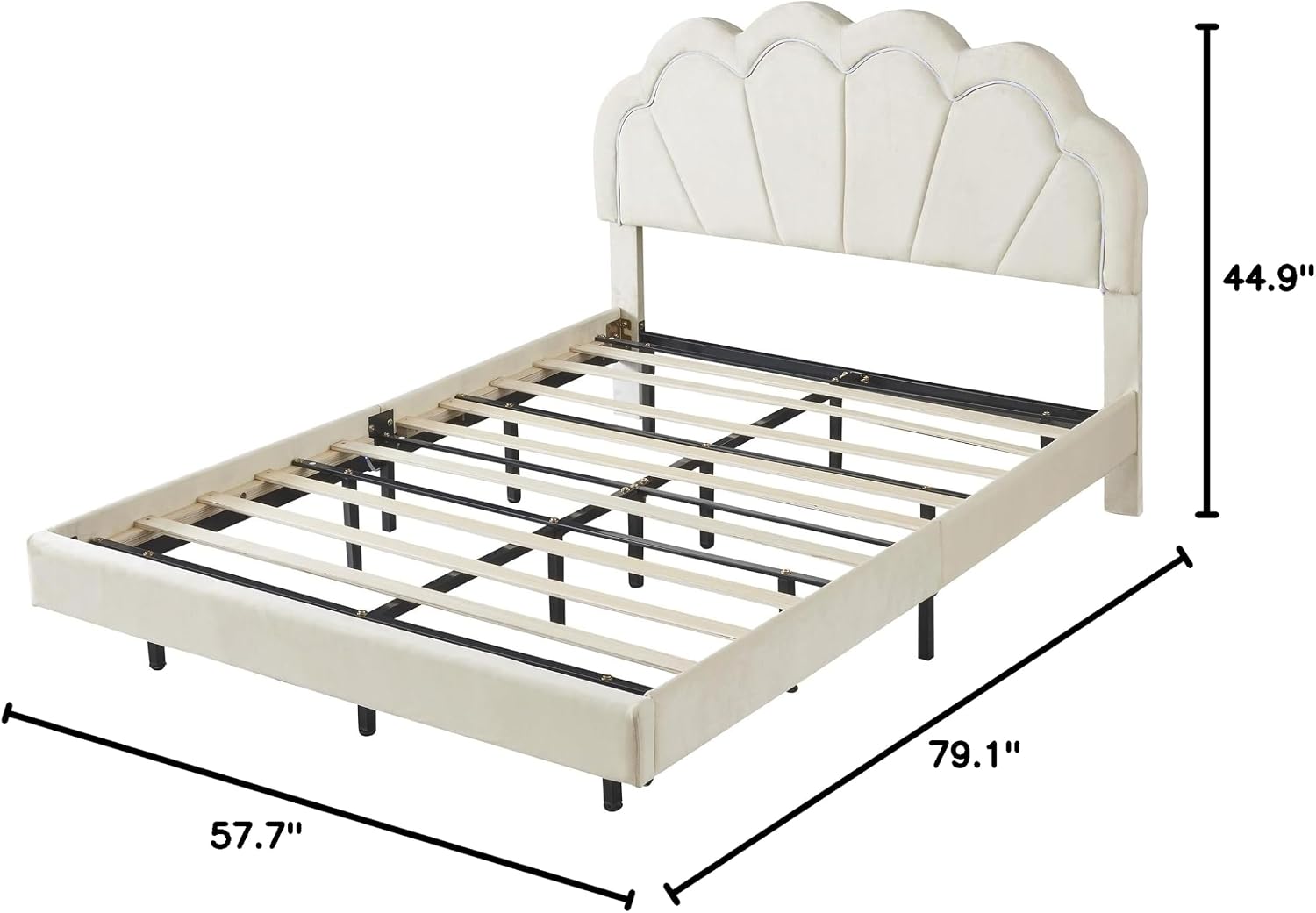 Velvet Full Size Upholstered LED Platform Bed with Storage Ottoman, 2-Pieces Bedroom Sets, Elegant Floating Platform Bed with LED Flowers-Shaped Headboard (Beige-2PF)