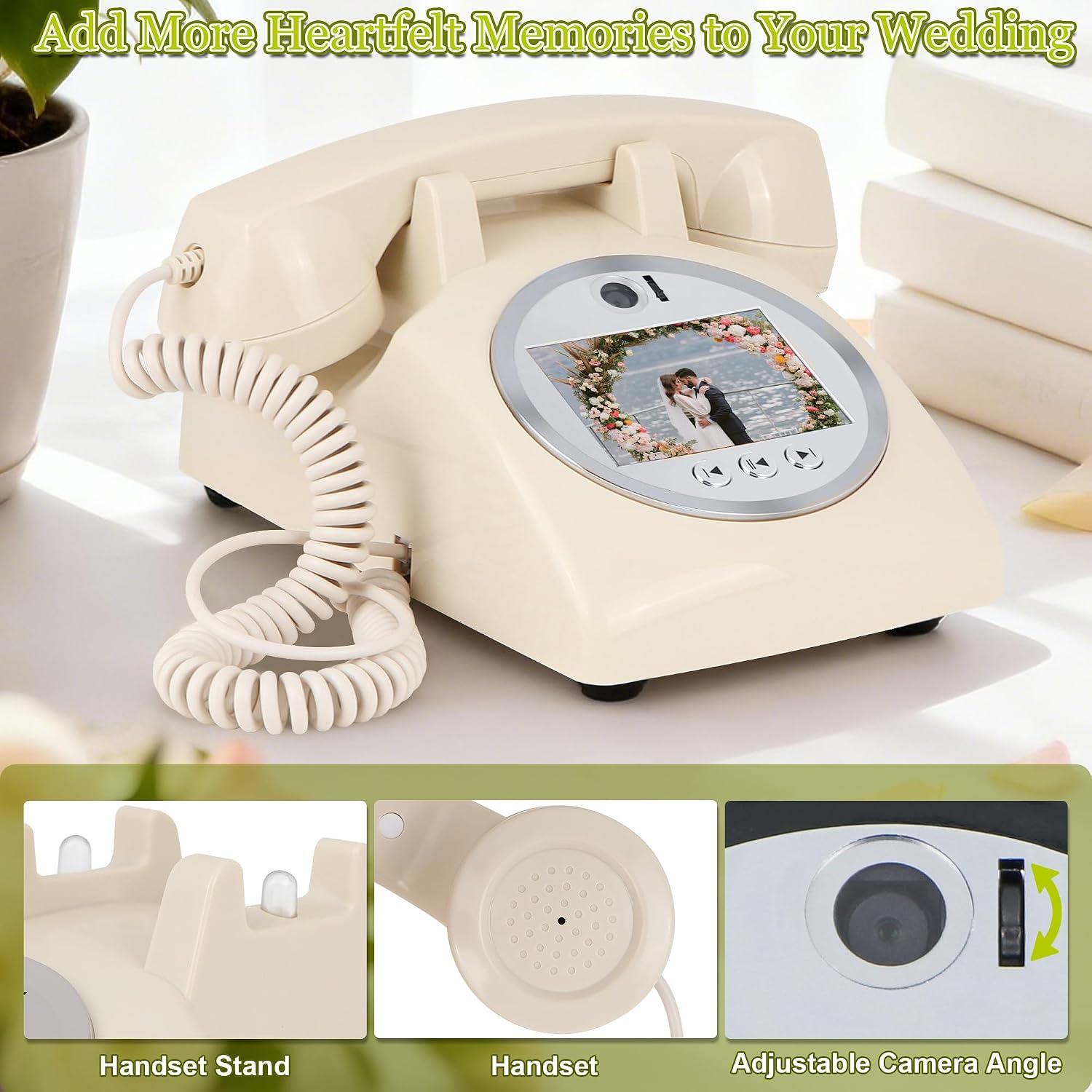 Video Audio Guest Book Wedding Phone, 1080P Video Guestbook Phone for Wedding, Bridal Shower, Birthday Party, Baby Shower, Anniversary Engagement (Rice White)
