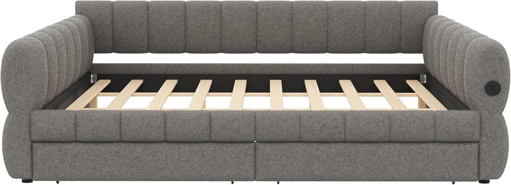 RuiSiSi King Size Daybed with Drawers, Upholstered Daybed with USB Ports, King Upholstered Sofa Bed Frame with Storage, Gray