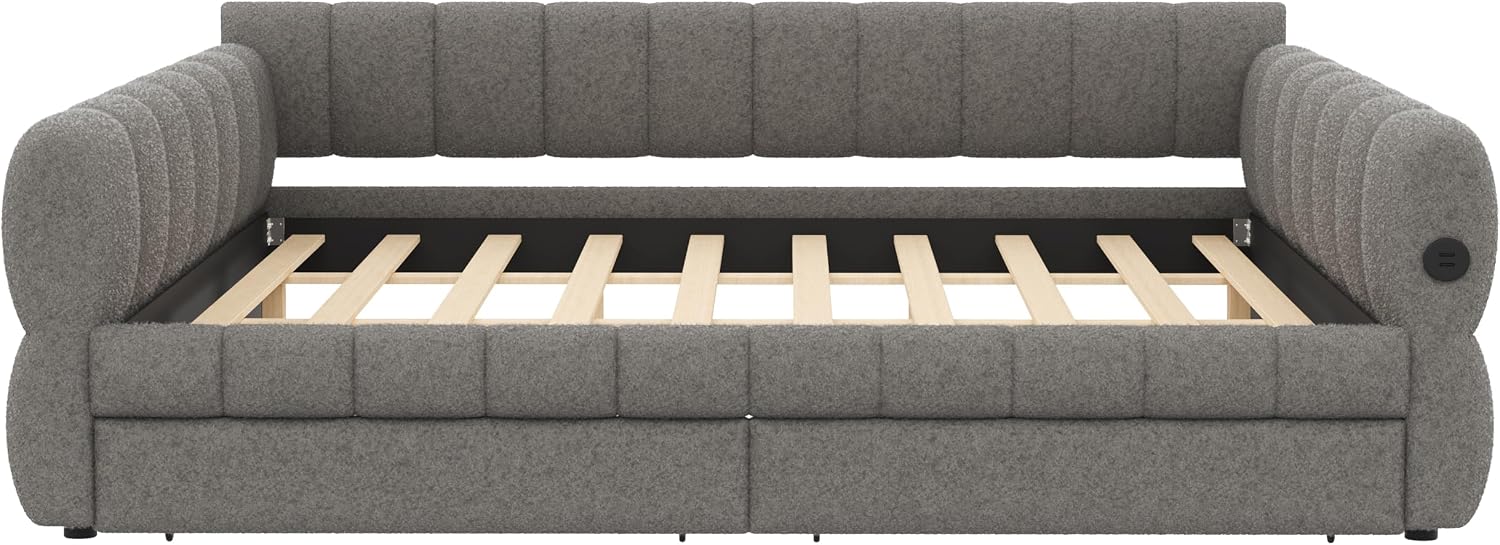 RuiSiSi King Size Daybed with Drawers, Upholstered Daybed with USB Ports, King Upholstered Sofa Bed Frame with Storage, Gray
