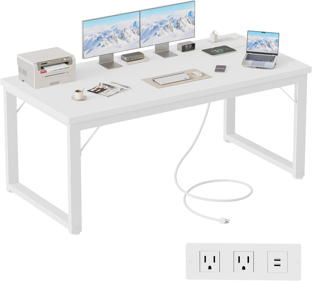 Mericonia 54 Inch Computer Desk with Power Outlets, 1.2' Thick Heavy Duty Industrial Office Desk, Modern Simple Study Writing Table for Home Office Bedroom Workstation, White