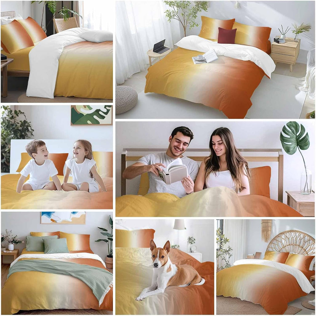Gradient Yellow Orange Duvet Cover Set Queen Size 4 Pieces Modern Abstract Minimalist Ocean Beach Bedding Set with Zipper Closure, 1 Comforter Cover 86x86 Inches 1 Flat Sheet & 2 Pillow Cases