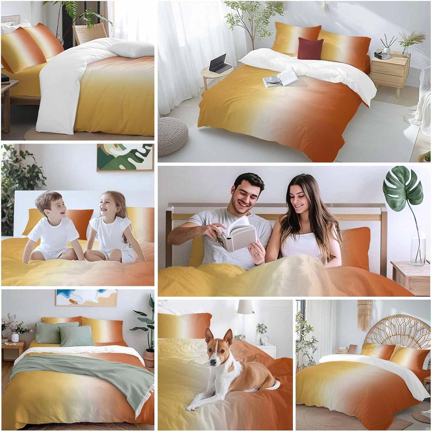 Gradient Yellow Orange Duvet Cover Set Queen Size 4 Pieces Modern Abstract Minimalist Ocean Beach Bedding Set with Zipper Closure, 1 Comforter Cover 90x92 Inches 1 Flat Sheet & 2 Pillow Cases