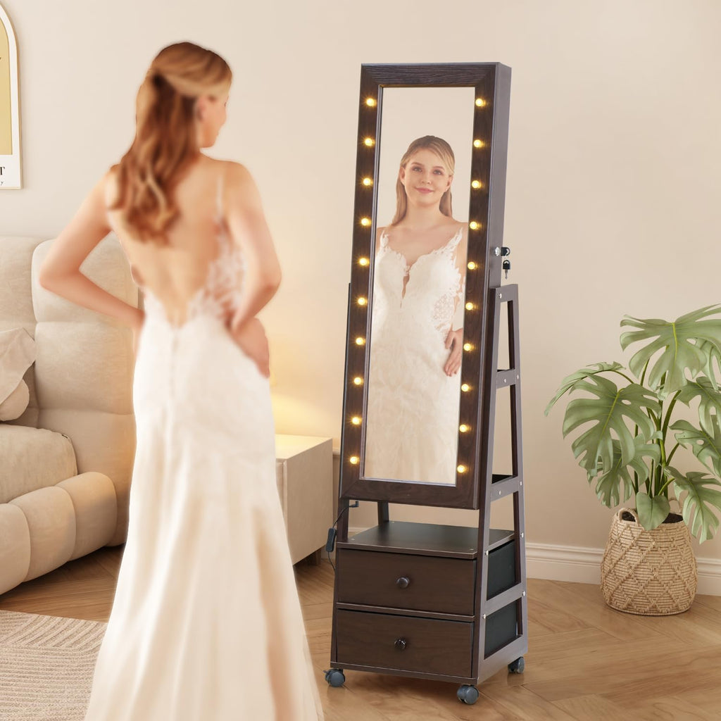 Jewelry Armoire Cabinet Organizer Standing with 20 LED Lights Lockable Full Length Mirror with Storage Shelves and 2 Drawers (Brown) Adjustable Tilt Angles Gift for Her