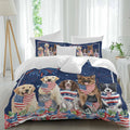 Independence Day Dog Cat Duvet Cover Set Queen 4 Pieces Watercolor Red Blue Stripe Star Flag Firework Blue Bedding Set with Zipper Closure,1 Comforter Cover 92x106 Inch 1 Flat Sheet&2 Pillow Cases