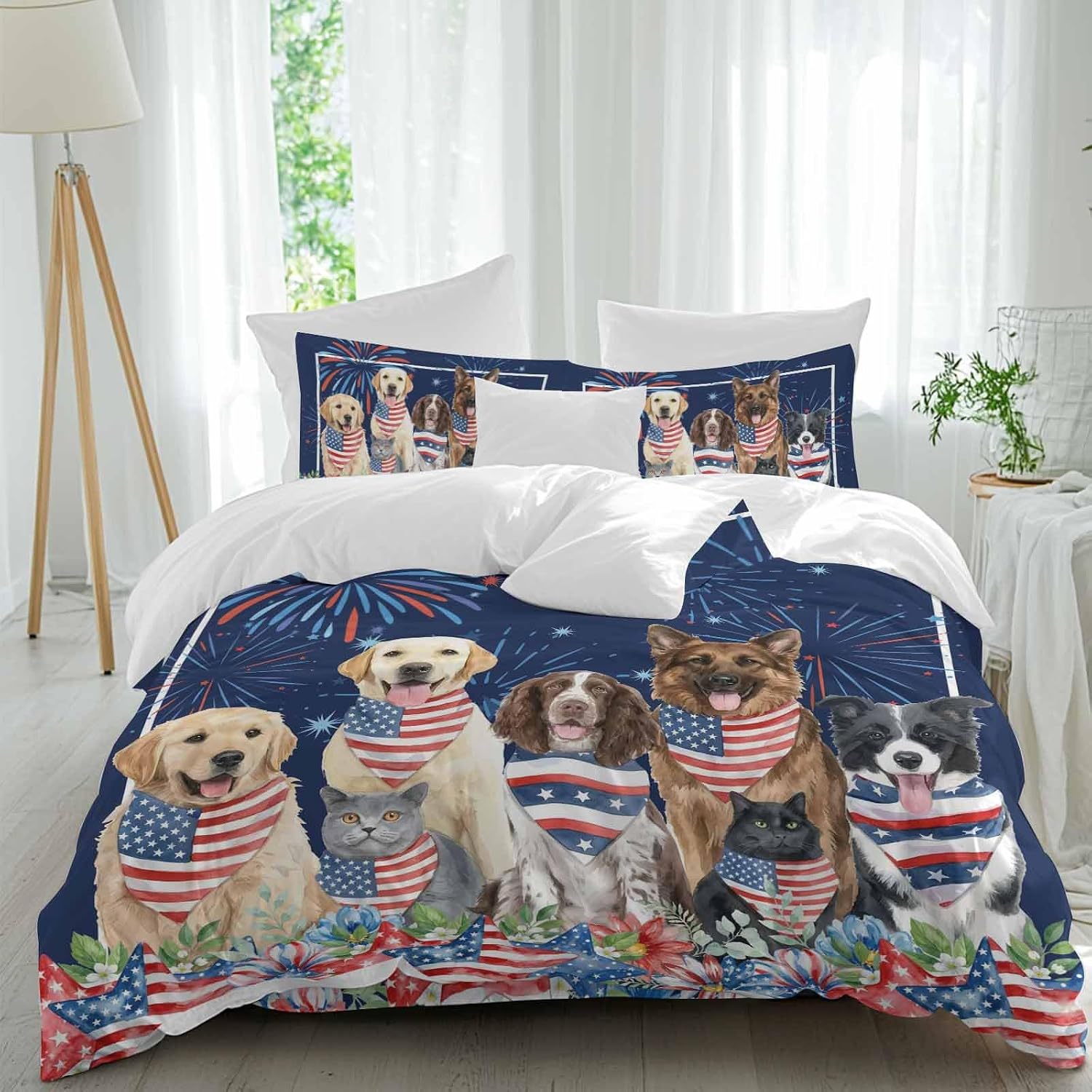 Independence Day Dog Cat Duvet Cover Set Queen 4 Pieces Watercolor Red Blue Stripe Star Flag Firework Blue Bedding Set with Zipper Closure,1 Comforter Cover 92x106 Inch 1 Flat Sheet&2 Pillow Cases