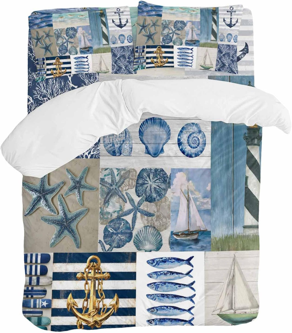 Summer Nautical Duvet Cover Set Queen Size 4 Pieces Blue Starfish Shells Anchor Boat Patchwork Bedding Set with Zipper Closure, 1 Comforter Cover 92x106 Inches 1 Flat Sheet & 2 Pillow Cases