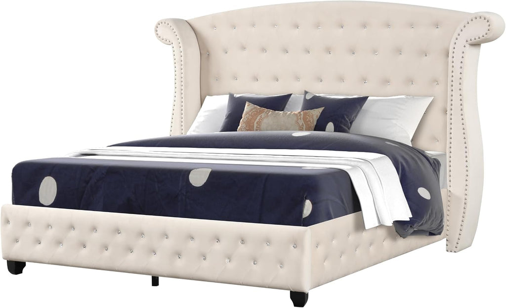 Crystal Tufted Full 5 Pc Vanity Bedroom Set Made with Wood in Cream