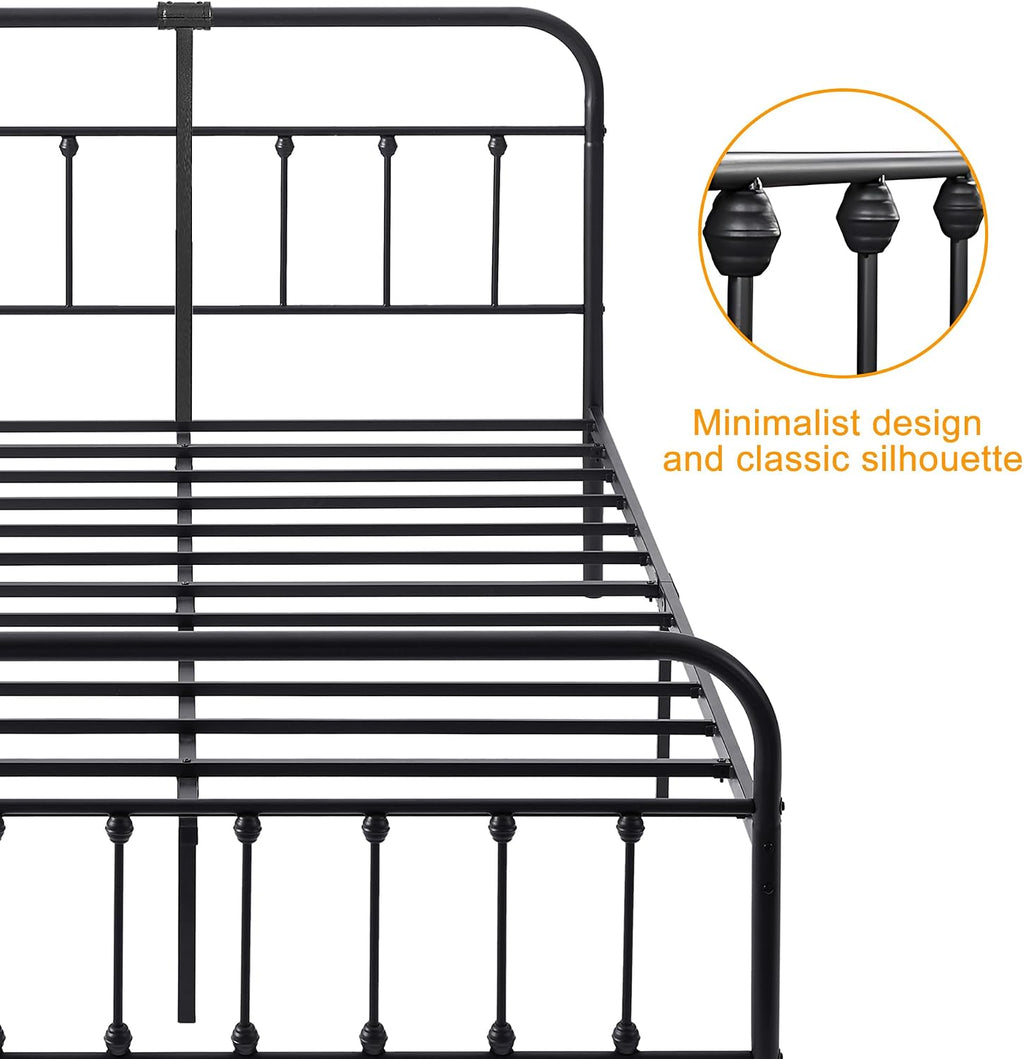 VECELO King Size Victorian Style Metal Bed Frame with Headboard Classic Metal Platform Bed Frame Mattress Foundation with Victorian Style Footboard/Under Bed Storage/No Box Spring Black
