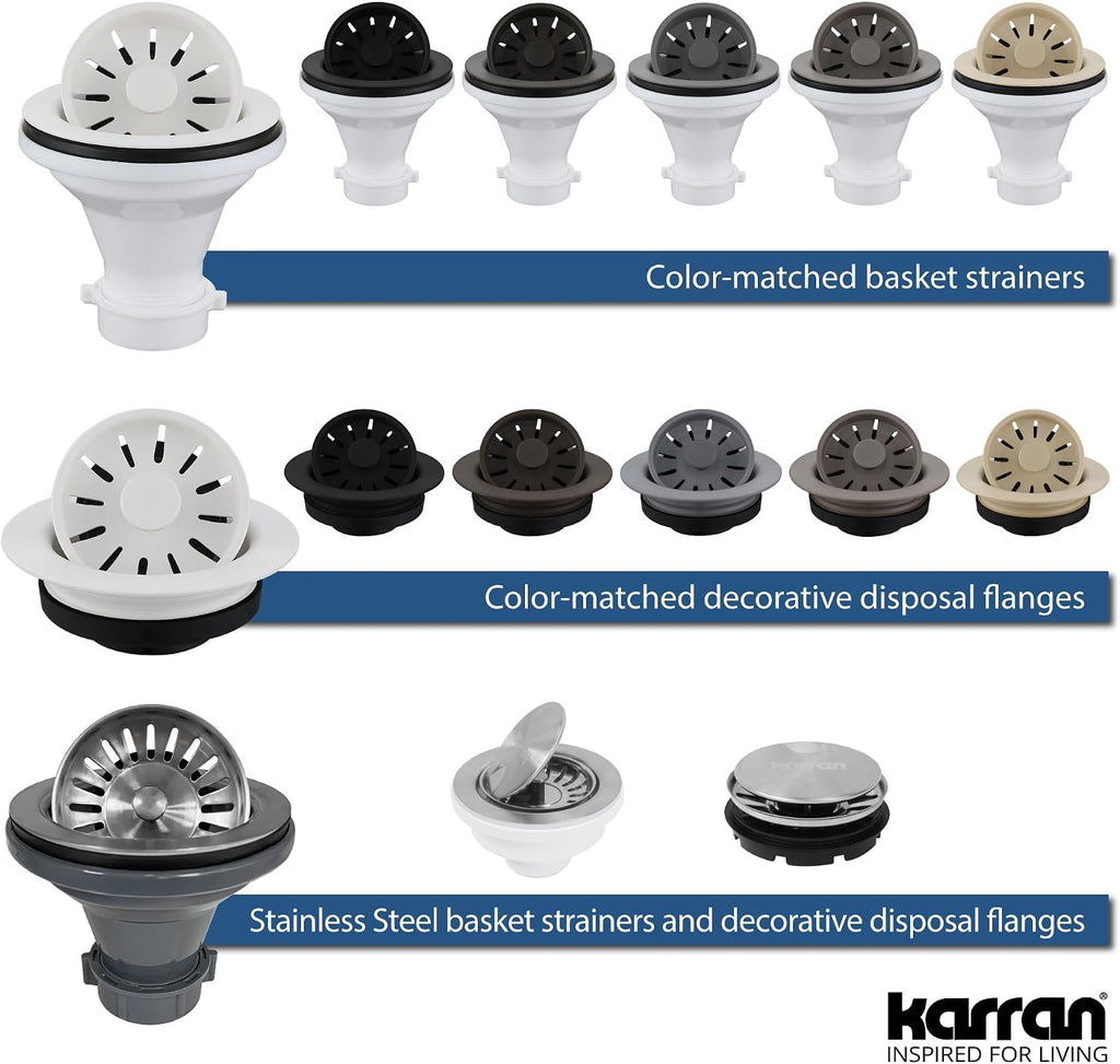 Karran QT-710 33 Inch Top Mount Double Bowl Kitchen Sink, 50/50 Low Divide Quartz Composite Drop-In Sink, Rear Drain, Heat and Scratch Resistant, White