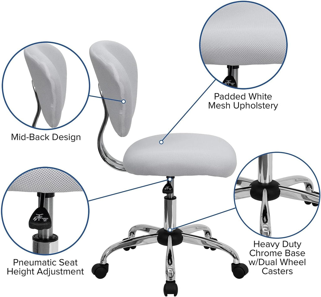 Flash Furniture Beverly Mid-Back White Mesh Padded Swivel Task Office Chair with Chrome Base