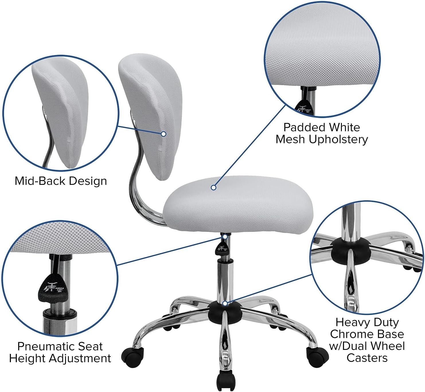 Flash Furniture Beverly Mid-Back White Mesh Padded Swivel Task Office Chair with Chrome Base