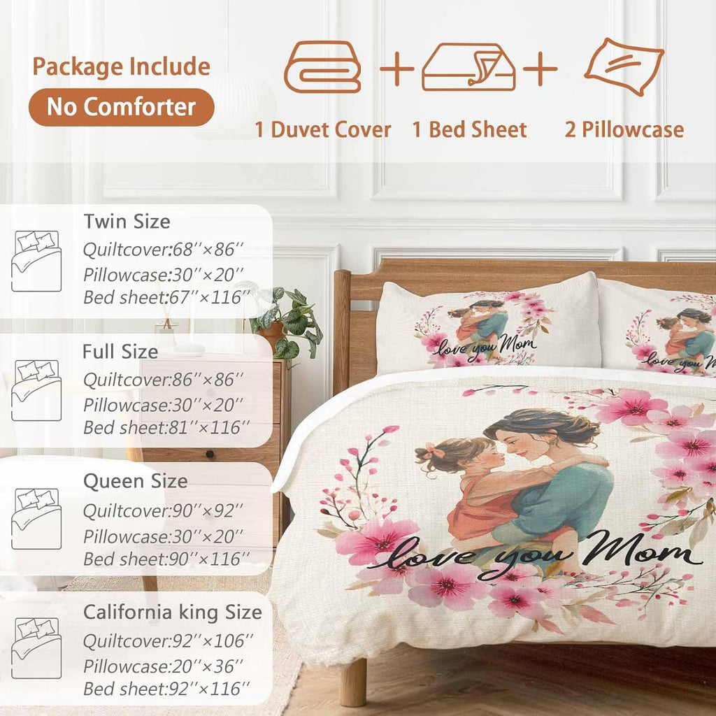 Mother's Day Duvet Cover Set Queen Size 4 Pieces Cartoon Characters Pink Flower Vintage Linen Texture Bedding Set with Zipper Closure, 1 Comforter Cover 92x106 Inches 1 Flat Sheet & 2 Pillow Cases