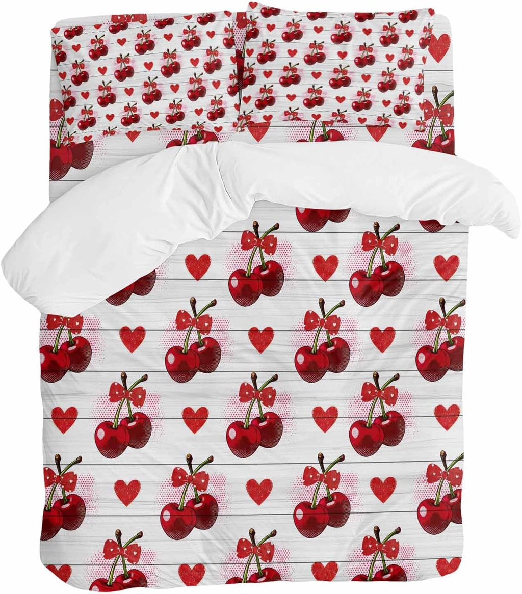 Prime Leader Cherry Duvet Cover Set Queen Size 4 Pieces Watercolor Red Fruit Love Wave Point Wood Grain Bedding Set with Zipper Closure, 1 Comforter Cover 92x106 Inches 1 Flat Sheet & 2 Pillow Cases