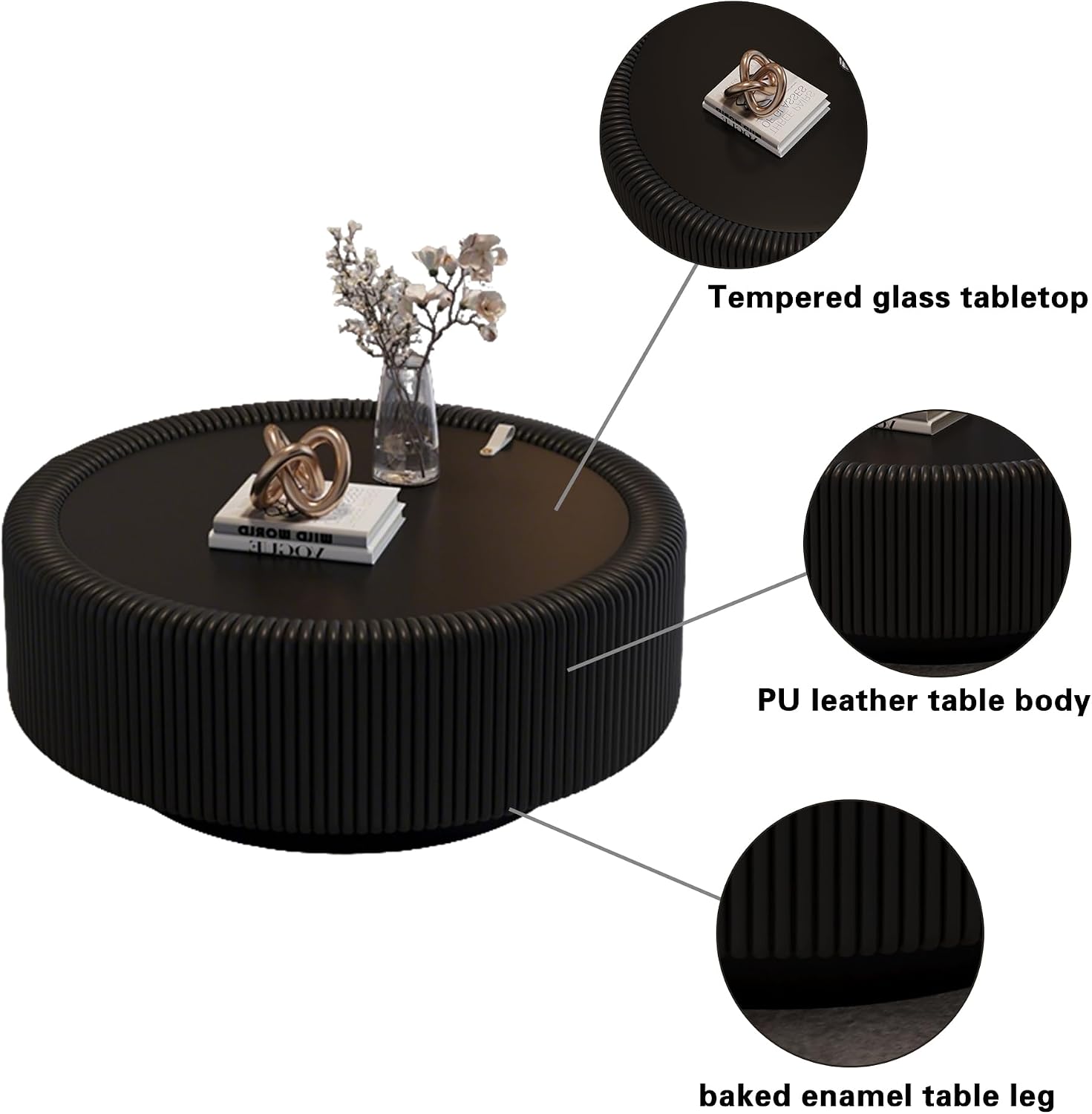 31.5' Black Round Fluted Coffee Table with Hidden Storage, Drum Coffee Table with Tempered Glass Top, PU Leather Body, Baked Enamel Metal Base, Modern Minimalist Circle Tea Table